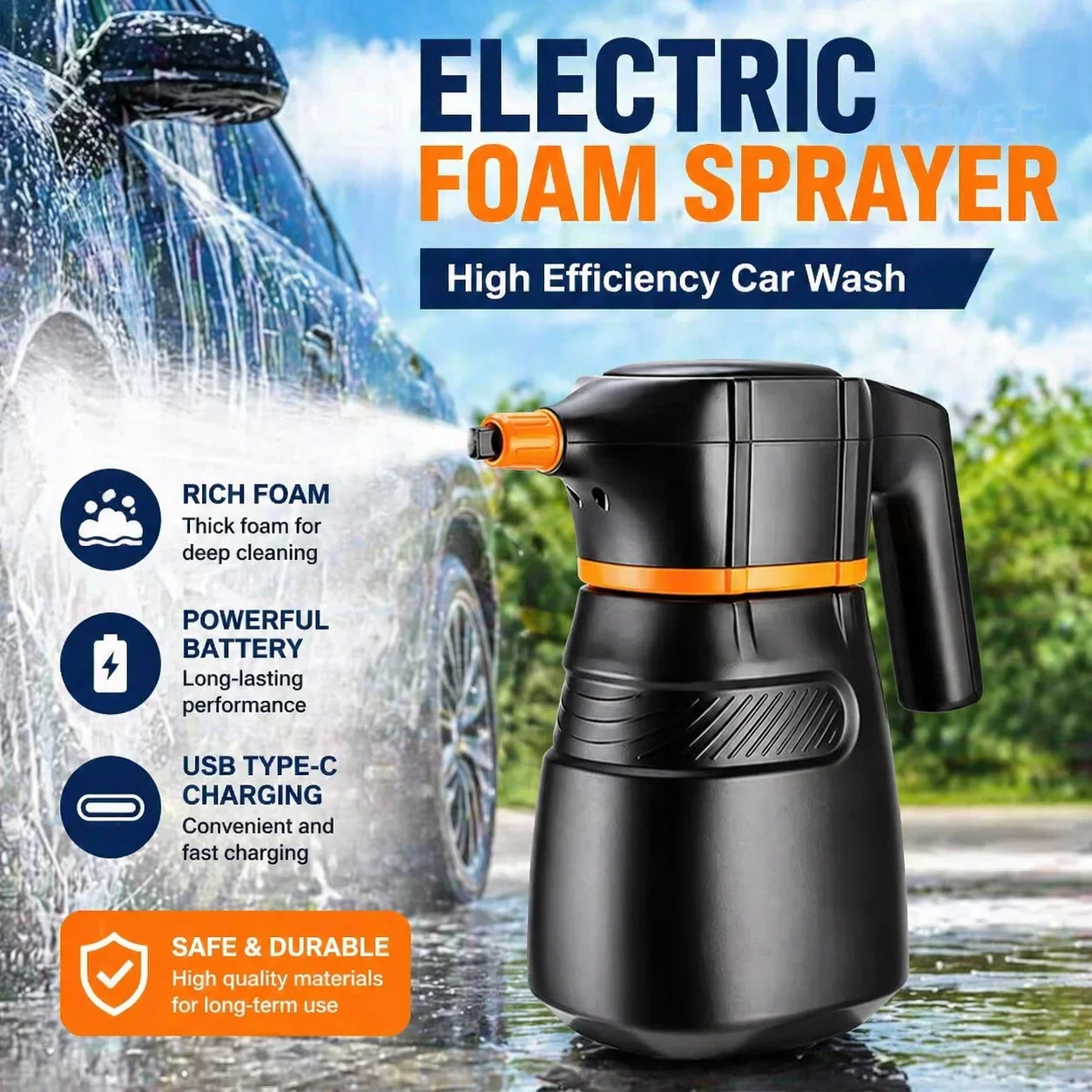 Foam Cannon Car Wash - เครื่องฉีดโฟมไฟฟ้าสำหรับล้างรถ ทำความสะอาดรถยนต์ ปืนฉีดน้ำแรงดันสูงแบบชาร์จไฟได้ สำหรับล้างรถและทำโฟม